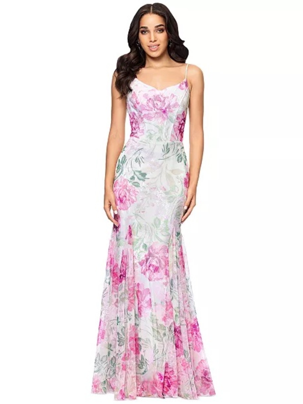 Betsy & Adam Pink Floral Spaghetti-Strap Maxi Dress